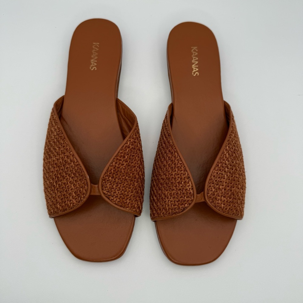 KAANAS Serene Brandy Sandal Woven Leather Brown Square Toe 9 Minimalist Neutral - Picture 3 of 15